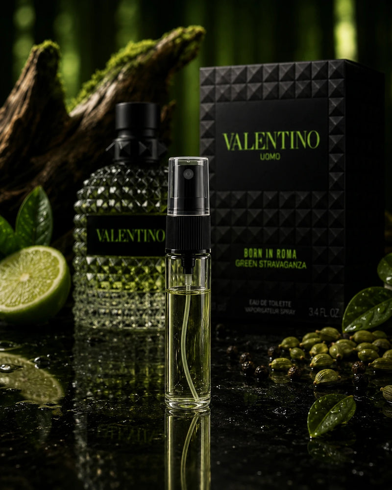 Valentino Uomo Green Stravaganza Premium Decant — glass vial with original bottle and box, bamboo forest backdrop