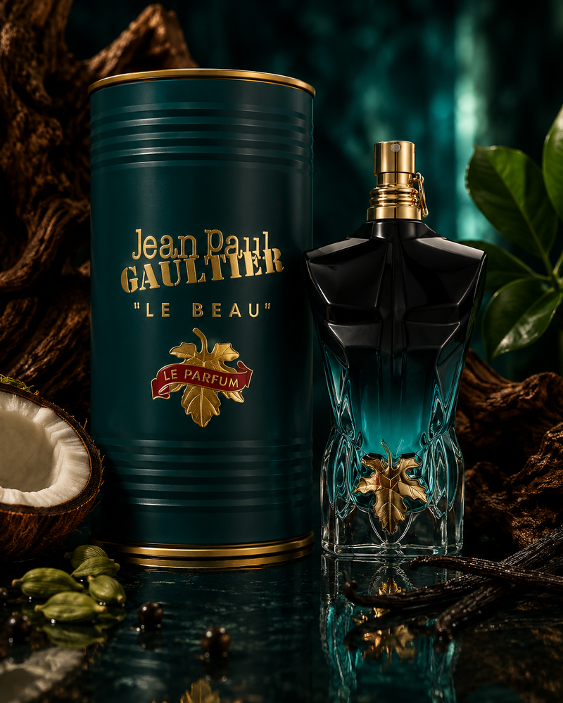 Jean Paul Gaultier Le Beau Le Parfum 4.2oz bottle and canister