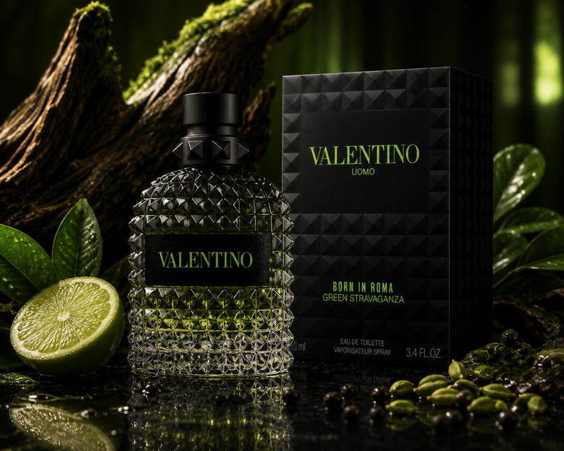 Valentino Uomo Born In Roma Green Stravaganza 3.4oz Eau de Toilette bottle and box