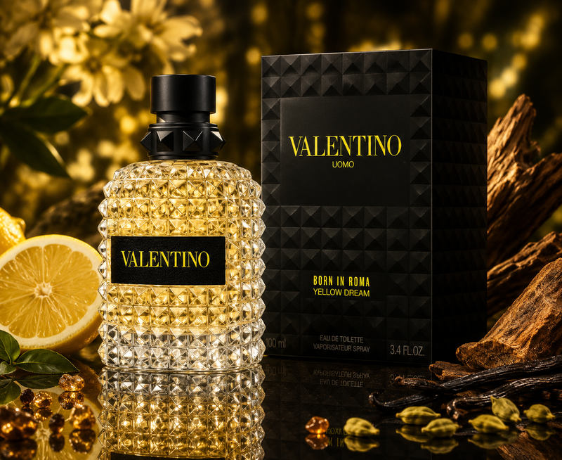 Valentino Uomo Born In Roma Yellow Dream 3.4oz Eau de Toilette bottle and box