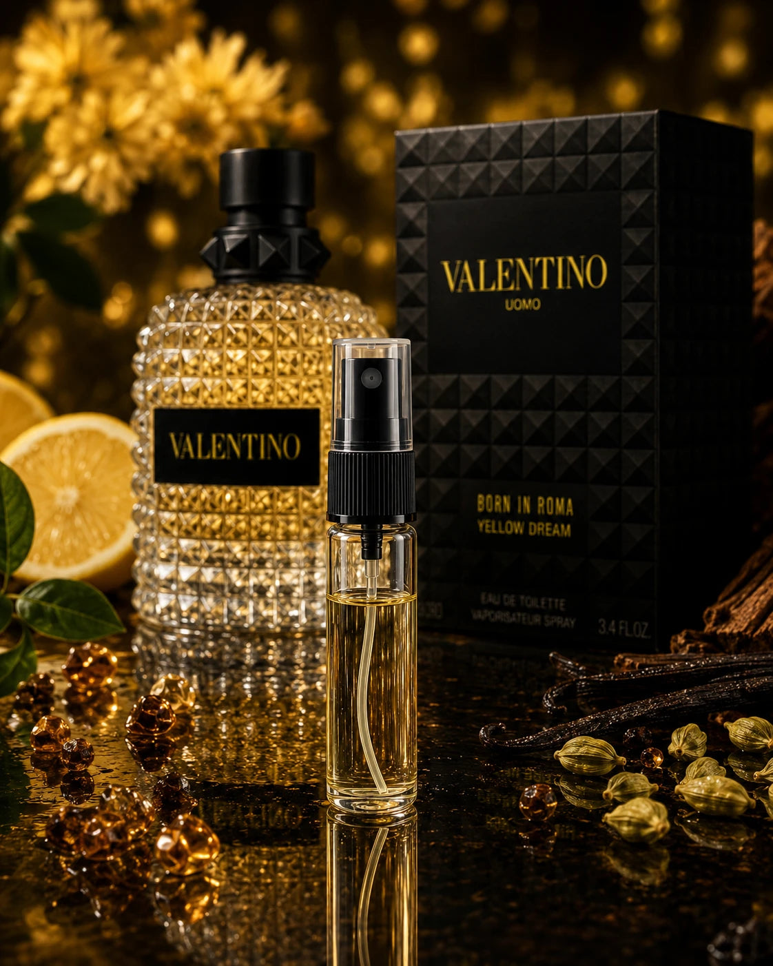 Valentino Uomo Born In Roma Yellow Dream Premium Decant — glass vial with original bottle and box, gold floral backdrop
