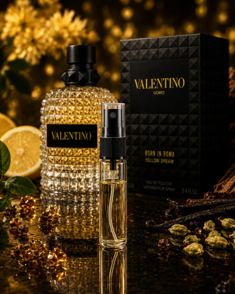 Valentino Uomo Born In Roma Yellow Dream Premium Decant — glass vial with original bottle and box, gold floral backdrop